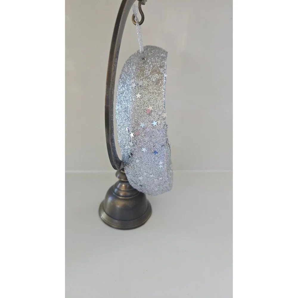 New Kurt Adler Silver Glitter Crescent Man in Moon Ornament styrofoam